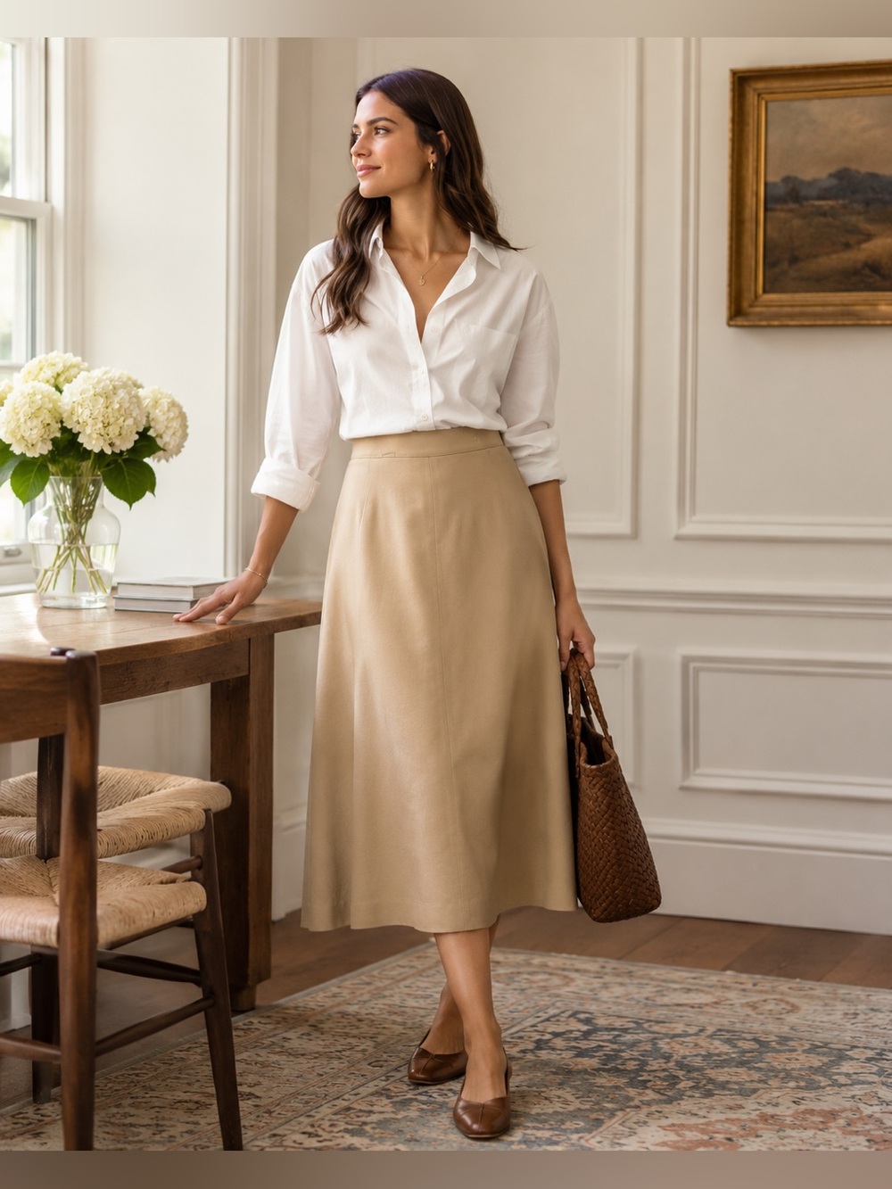 Vintage College Town Tan A-Line Midi Skirt XS High Waist Modest Classic